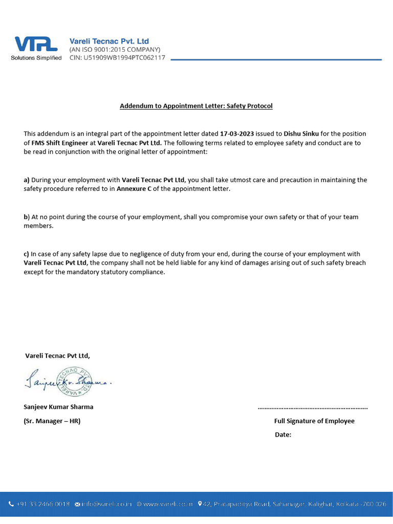 Addendum to Appointment Letter: Safety | PDF