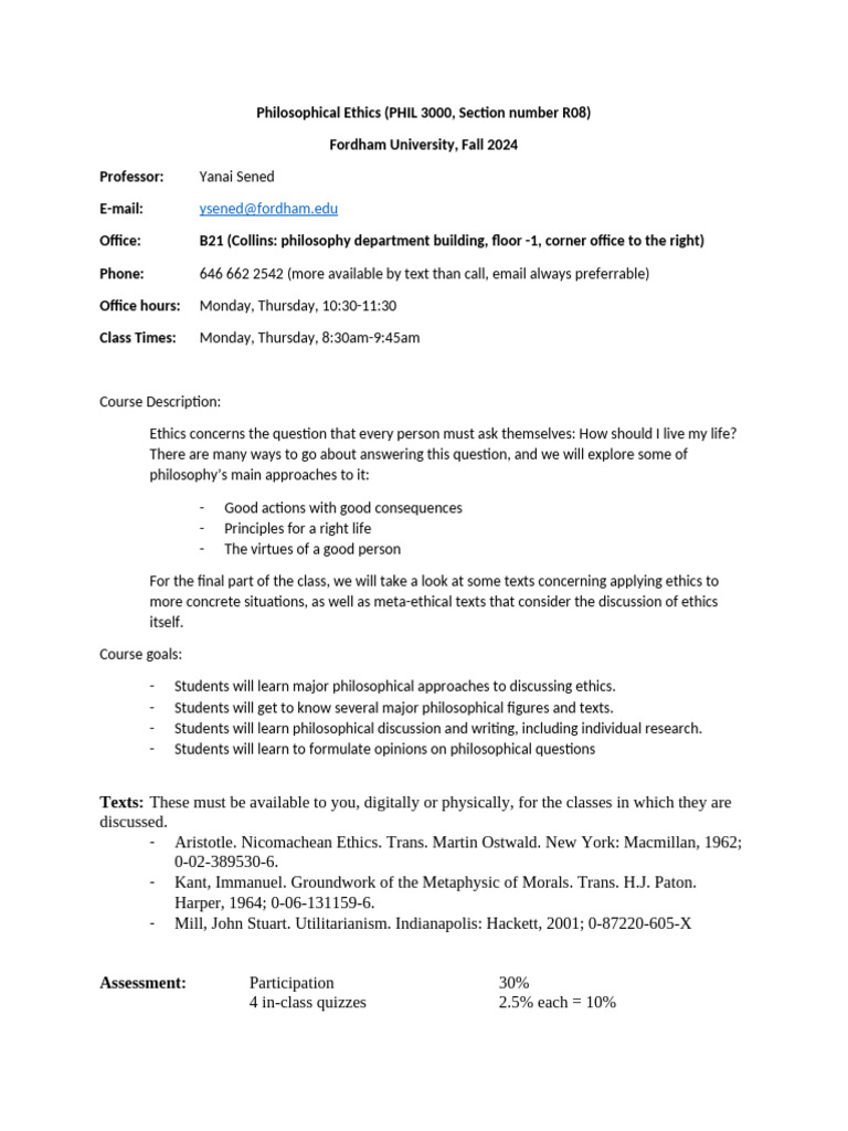 PHIL 3000: Ethics Course Overview | PDF | Immanuel Kant | Utilitarianism