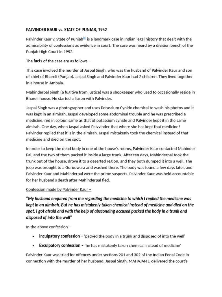 Palvinder Kaur v. State of Punjab Case | PDF | Confession (Law ...