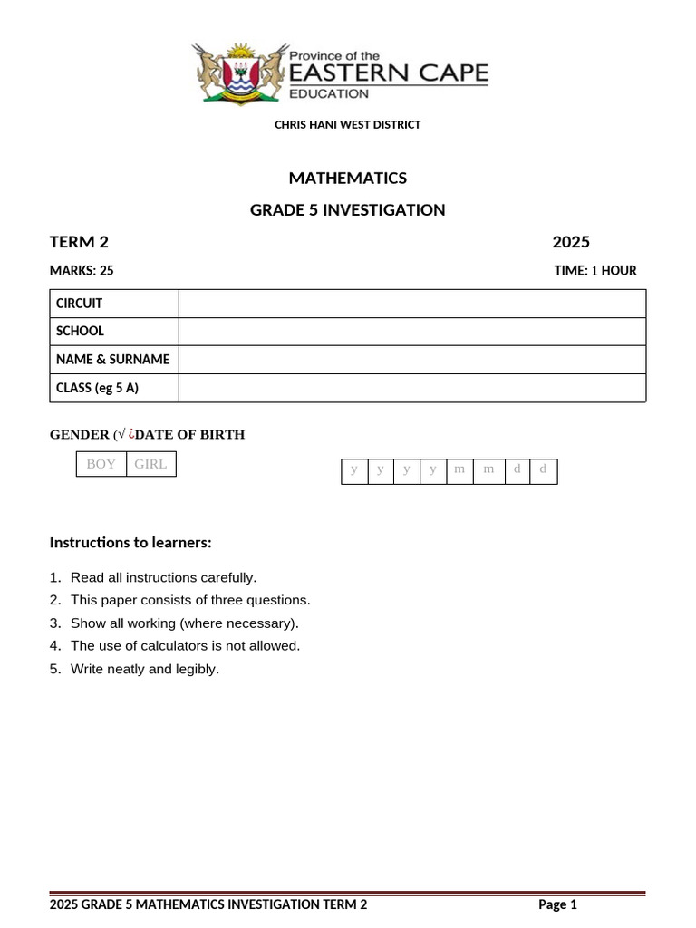 Grade 5 Mathematics Investigation Term 2 | PDF | Numbers | Mathematics