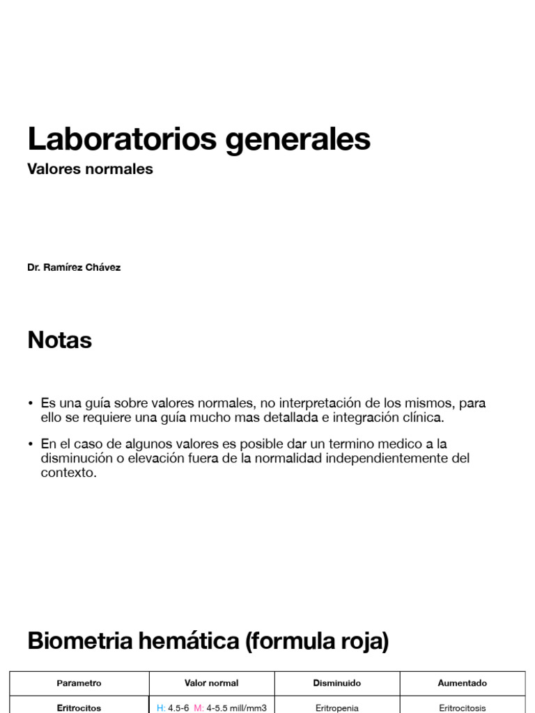 Valores Normales de Pruebas de Laboratorio | PDF | Sangre | Anemia
