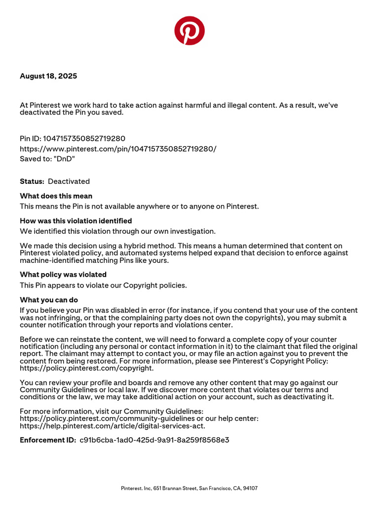 Pinterest Copyright Violation Notice | PDF