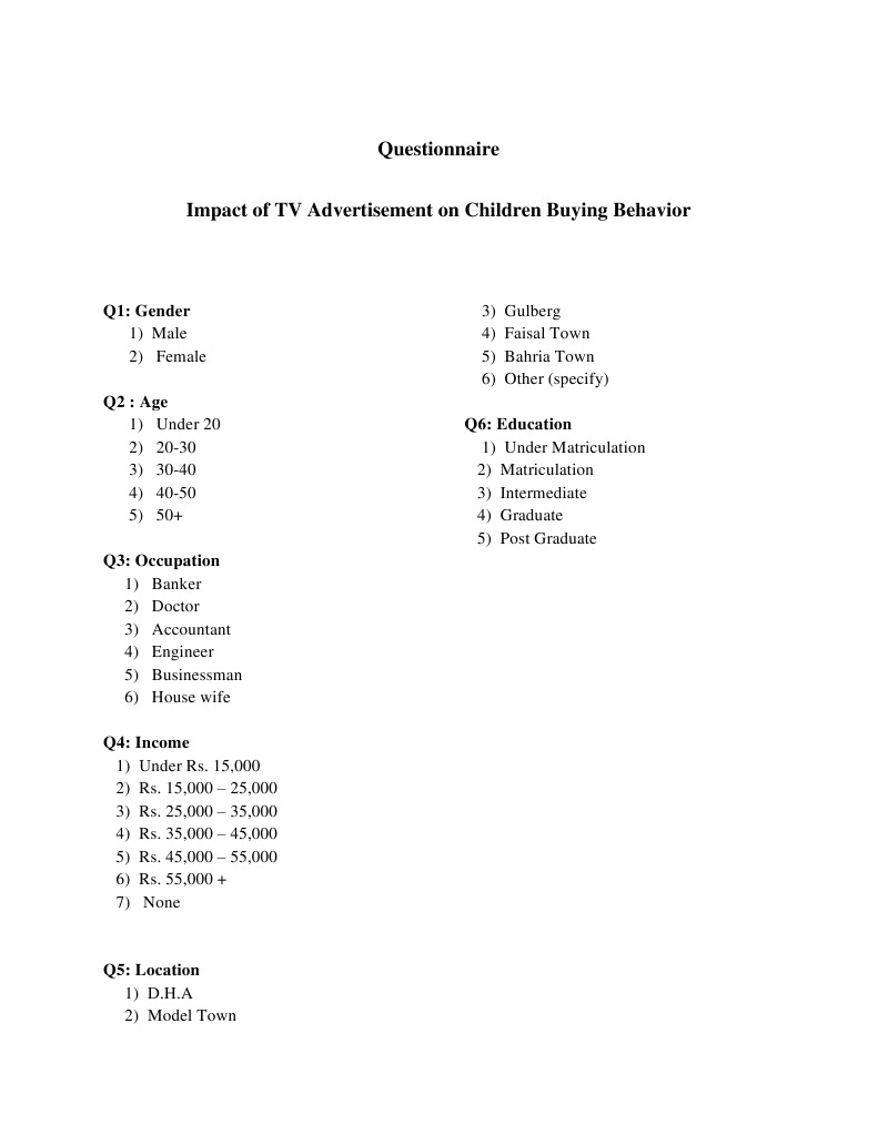 Questionnaire Format | PDF | Wellness