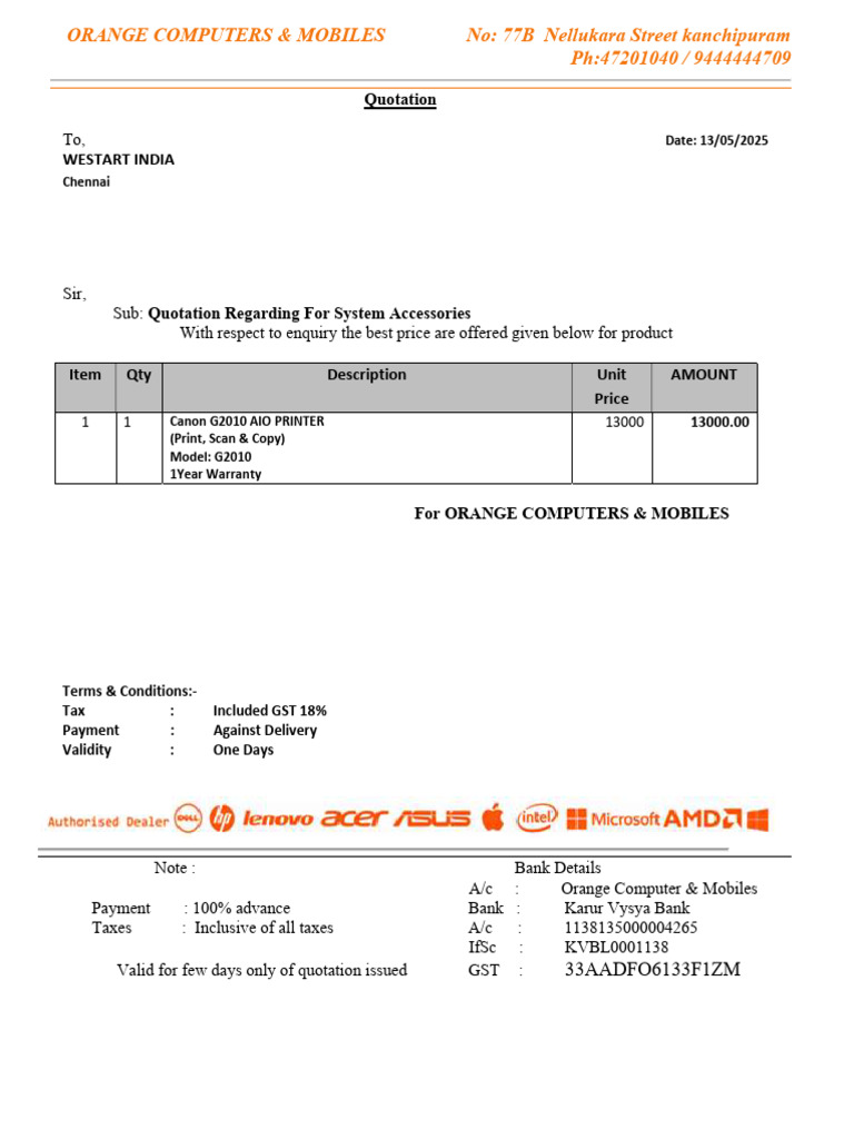 Quotation for Canon G2010 Printer | PDF
