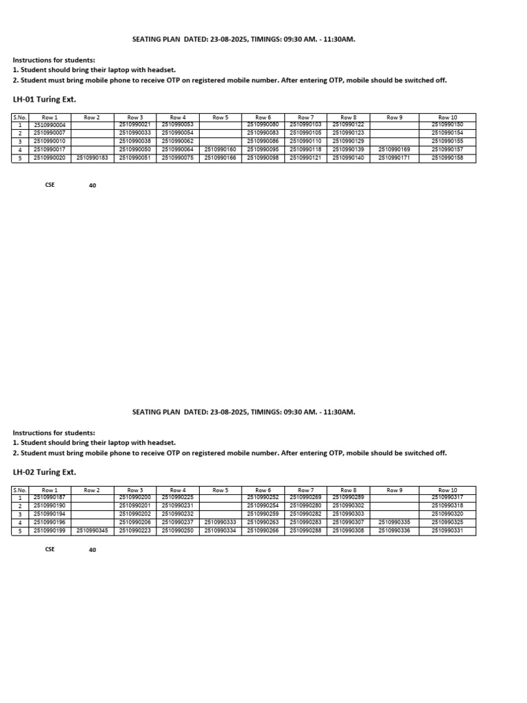 CSE Seating Plan for 23-08-2025 | PDF