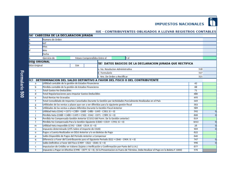 Formulario 500: Declaración IUE Detallada | PDF | Contabilidad | Impuestos