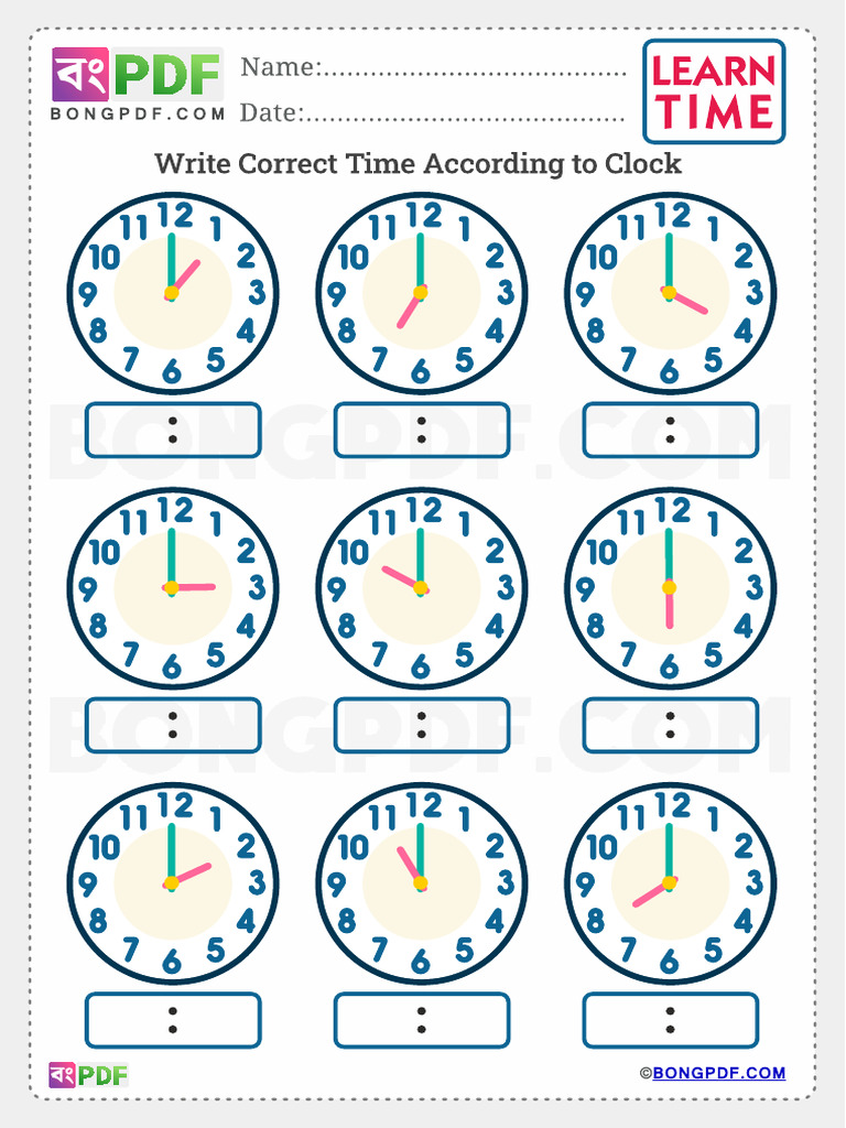 Write Time Clock Learning English Worksheet | PDF