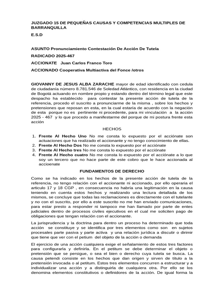 Contestación a Acción de Tutela 2025-467 | PDF | Demanda judicial ...