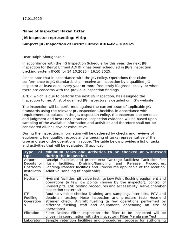 JIG Inspection Scheduled for Beirut 2025 | PDF