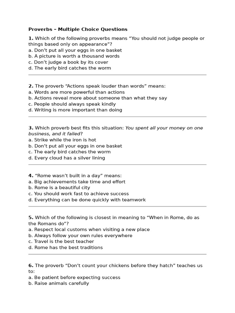 Proverbs Multiple Choice Quiz | PDF