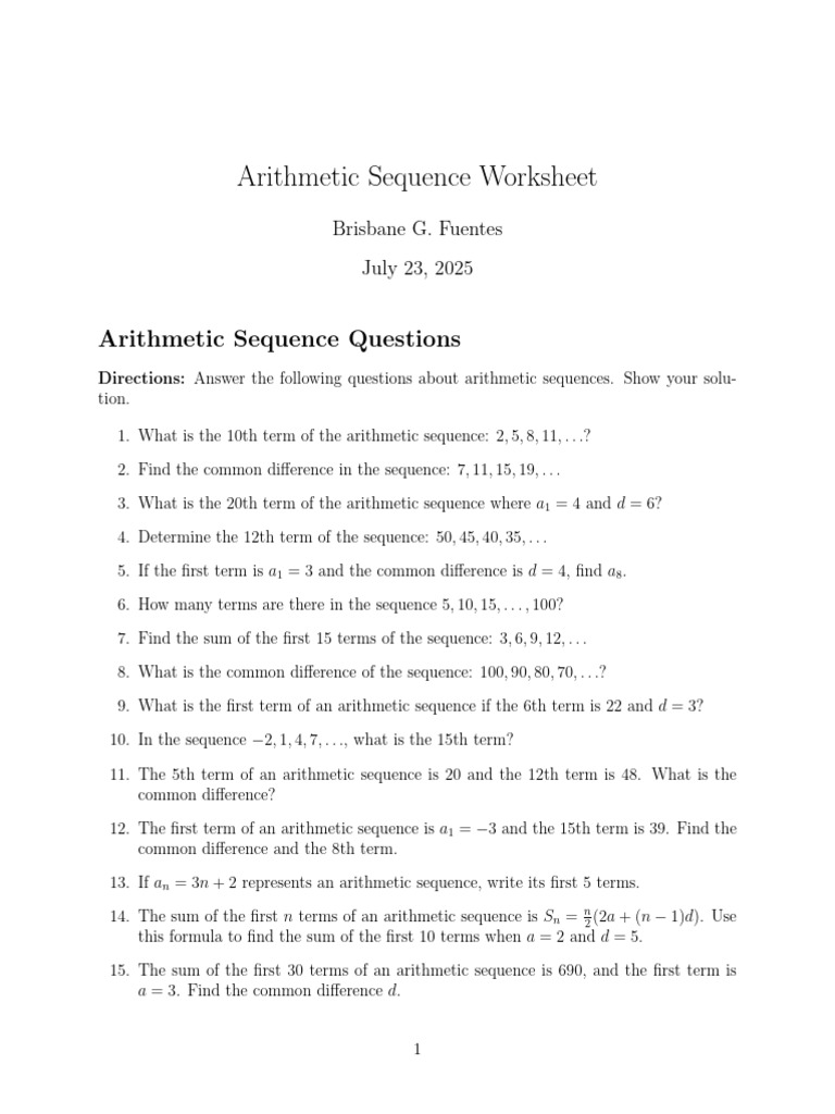 Arithmetic Sequence Answer Sheet | PDF