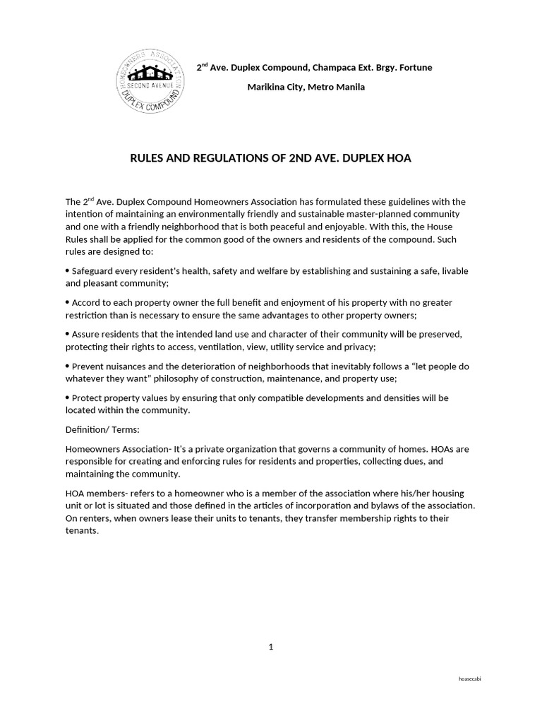 2nd Ave. Duplex HOA Rules and Regulations | PDF | Lease | Parking
