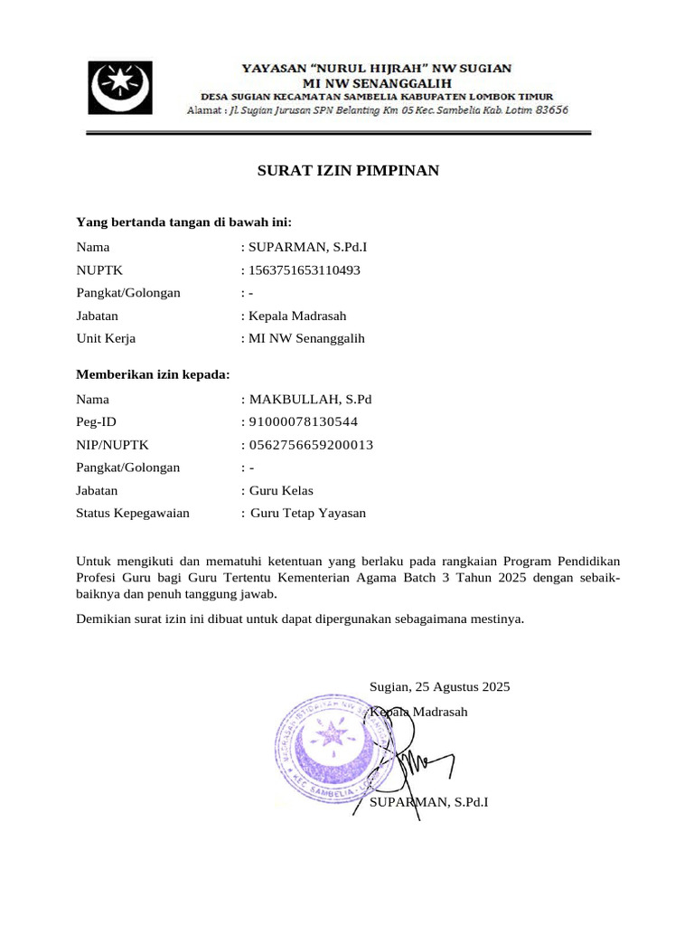 Surat Izin Program Pendidikan Guru 2025 | PDF