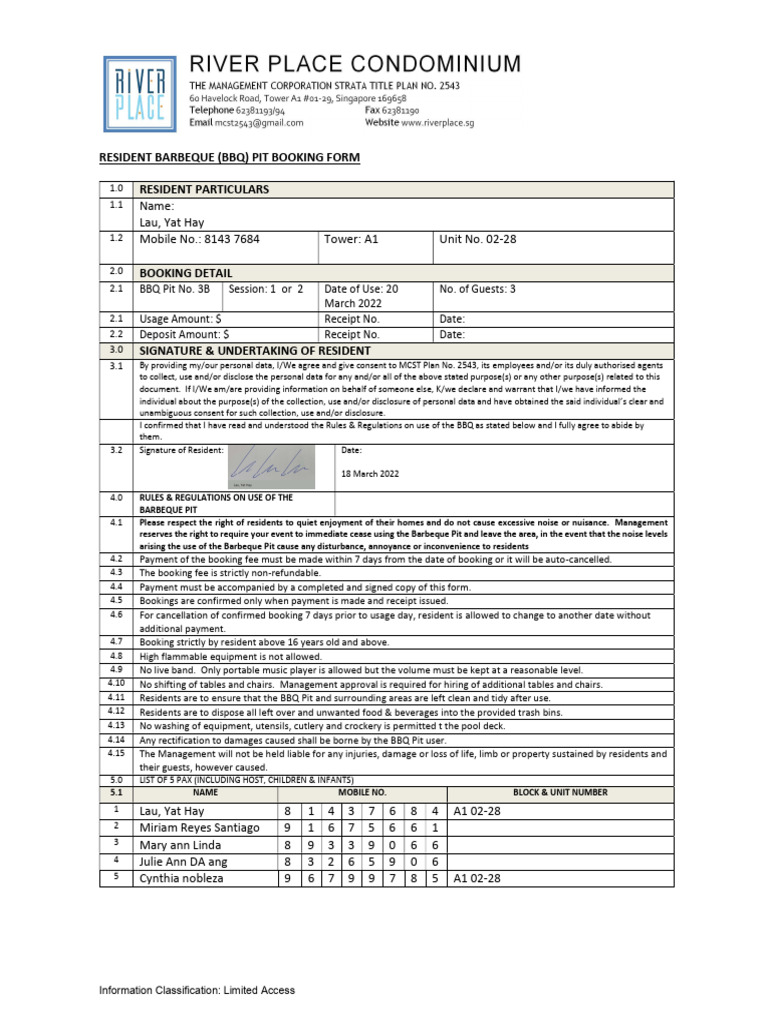 BBQ Pit Booking Form for Residents | PDF
