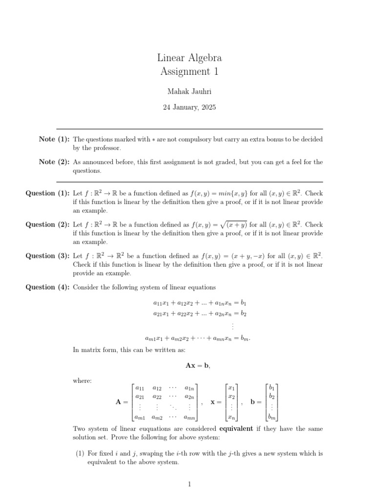 Linear Algebra Assignment Overview | PDF | Mathematical Relations ...