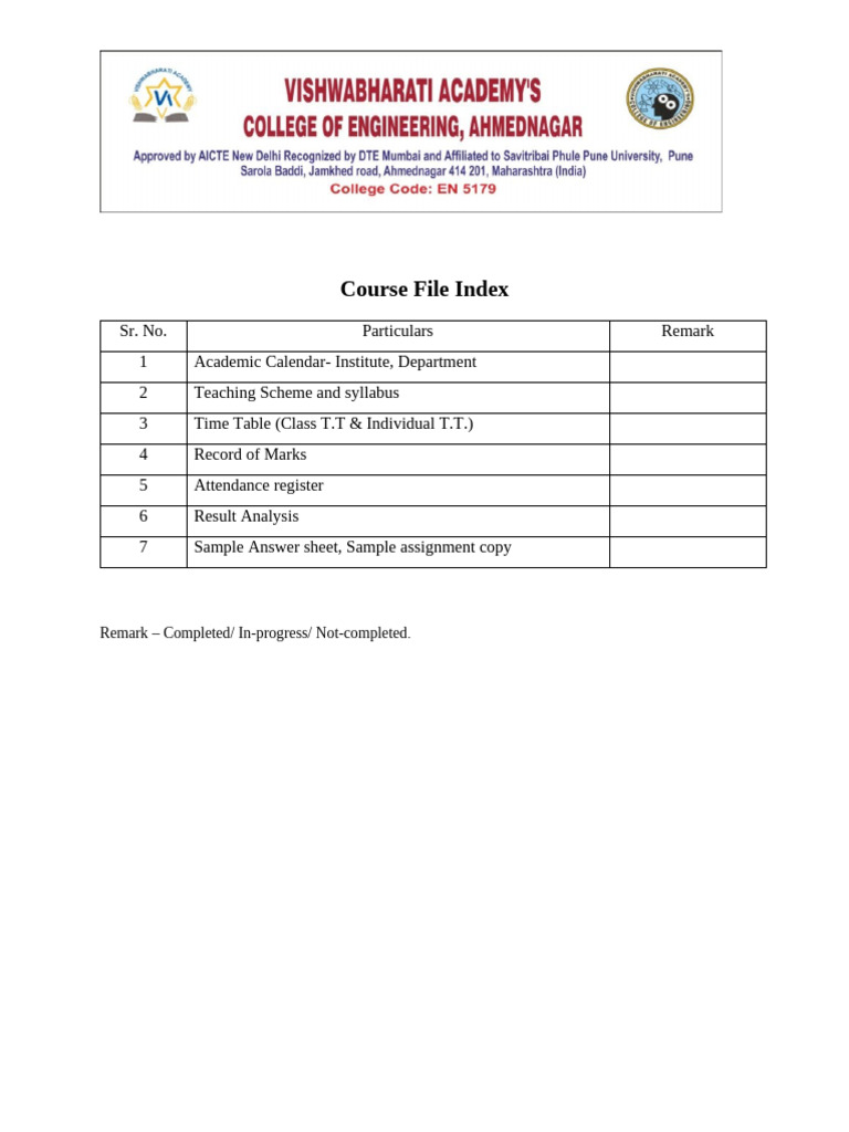 Course File Index Overview | PDF