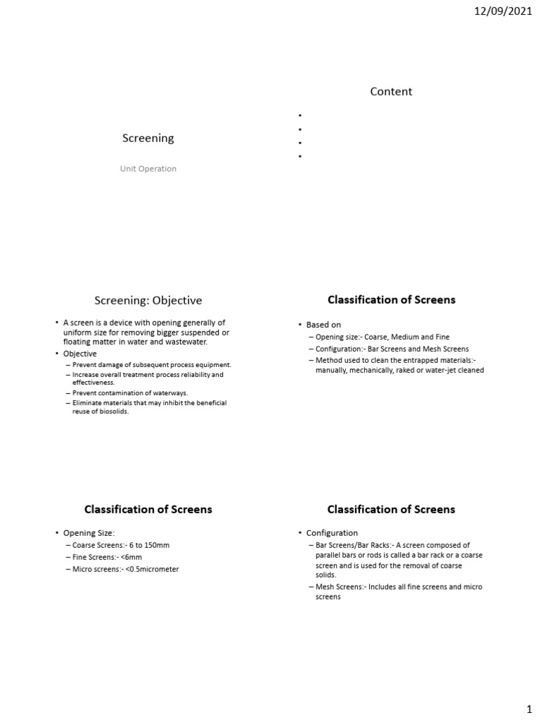 Screenings Unit 2 Unit Operations | PDF | Environmental Engineering | Water Pollution