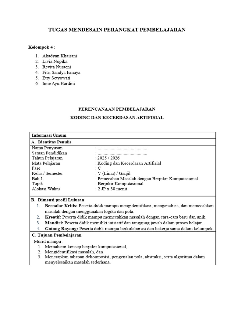 RPP Koding dan Kecerdasan Artifisial Kelas 5 | PDF