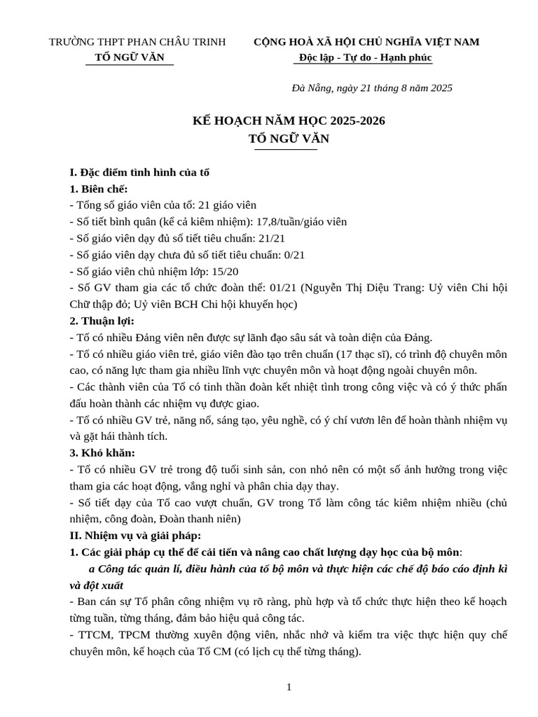Ke Hoach Nam Hoc To Ngu Van 25-26 | PDF