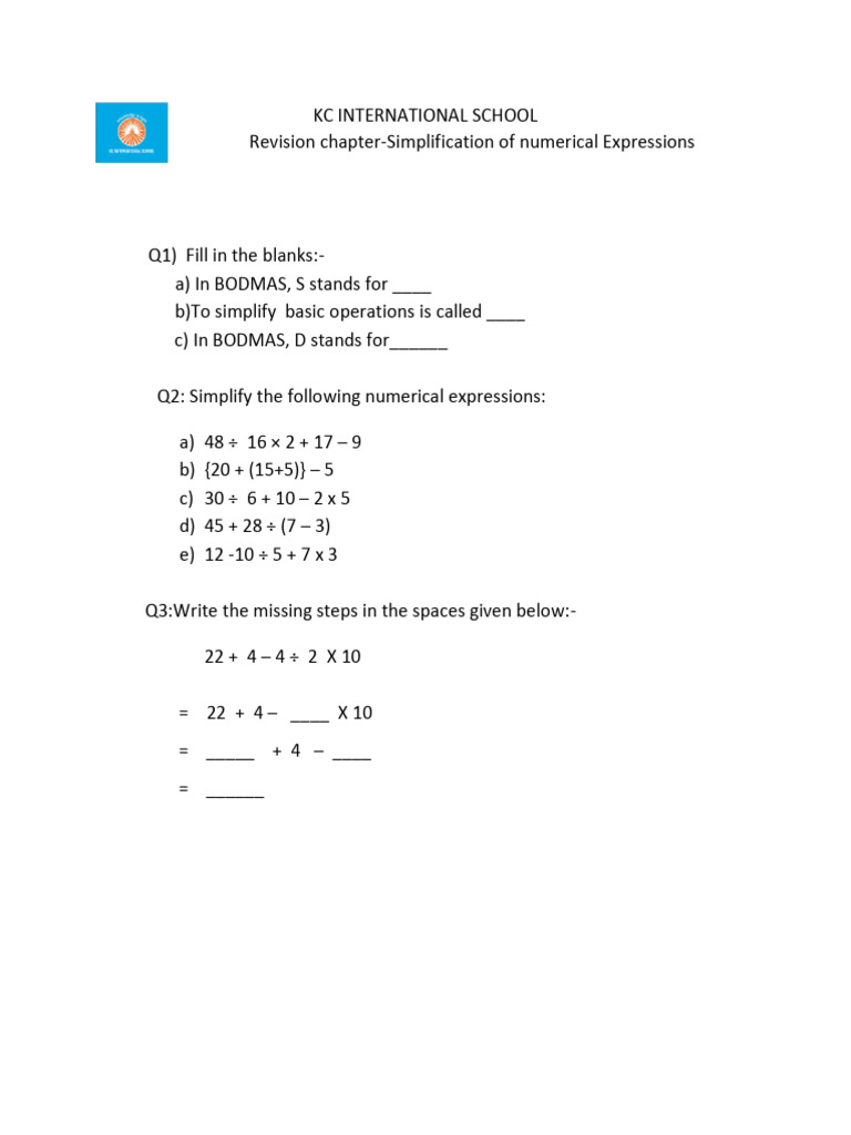 Class 5 Simplification Worksheet | PDF