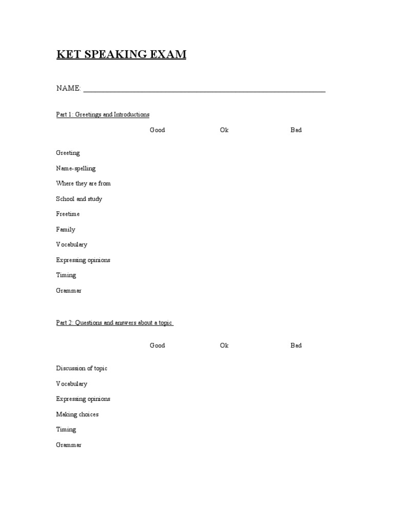 Ket Speaking Exam Marking Sheet PDF