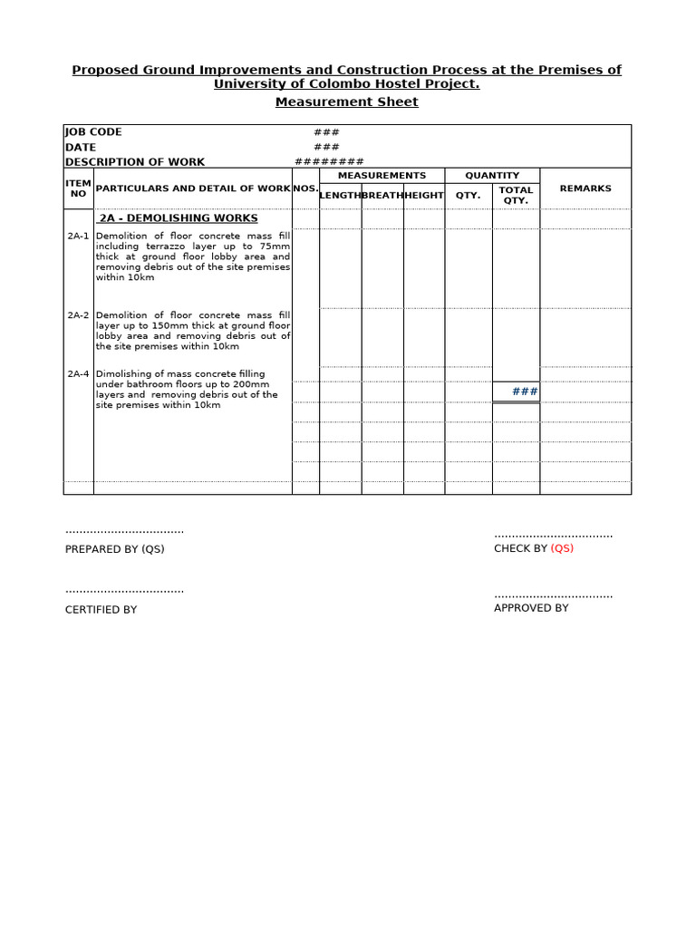 Demolition Measurement Sheet for University Project | PDF