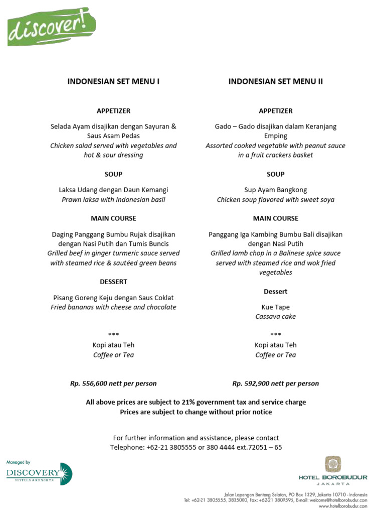Indonesian Set Menu Offerings | PDF | Indonesian Cuisine | Foods