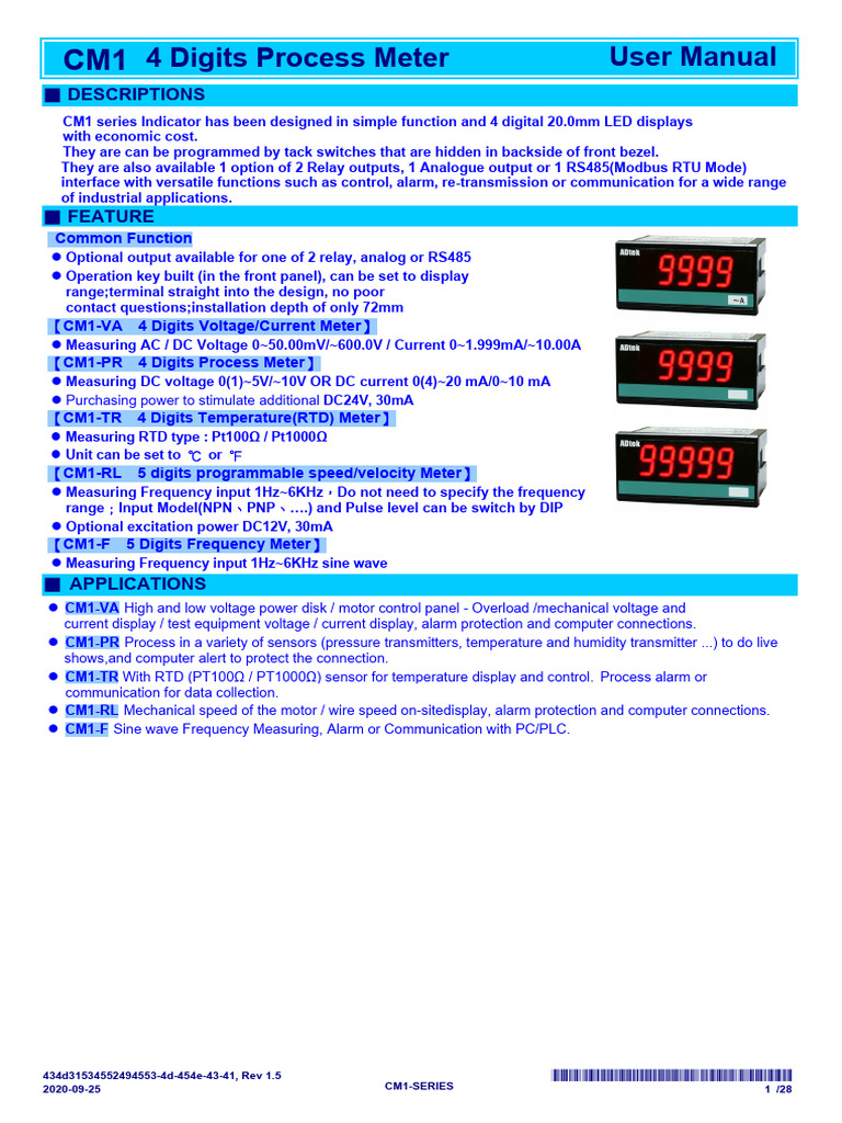 CM1 Series 4-Digit Process Meter Manual | PDF | Power Supply | Relay