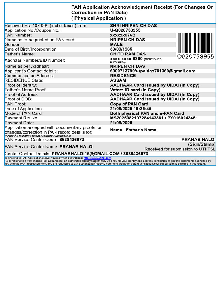 PAN Application Acknowledgment Receipt | PDF | Identity Document ...
