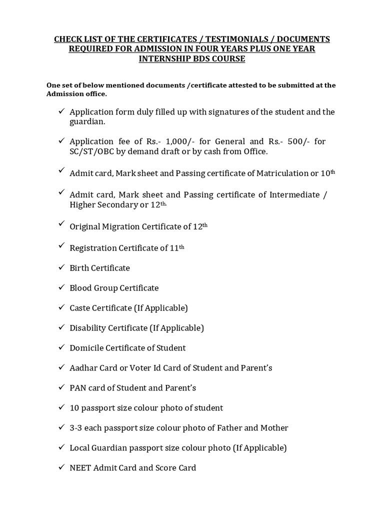 BDS Admission Document Checklist | PDF