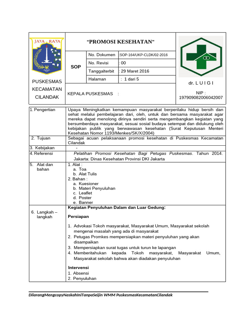 SOP Promosi Kesehatan Puskesmas Cilandak | PDF