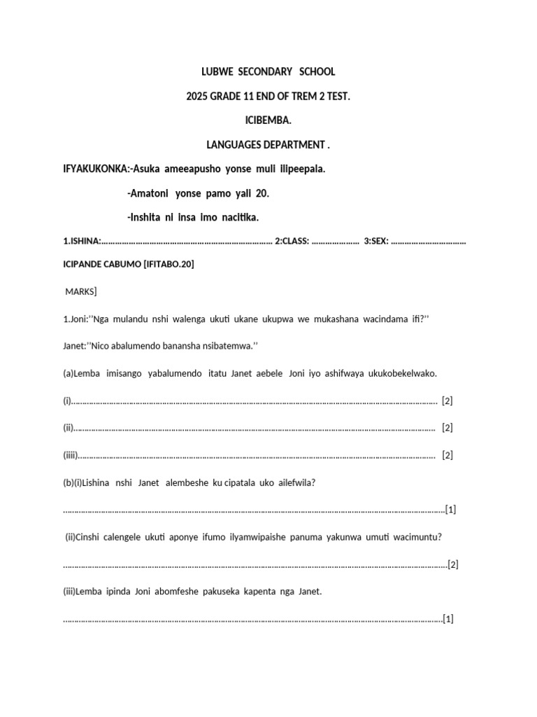 Grade 11 End of Term 2 Test 2025 | PDF