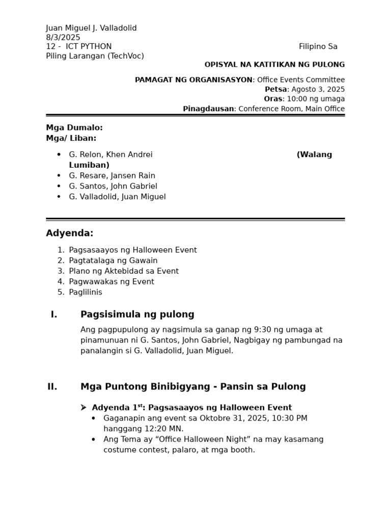 Example para Sa KATITIKAN NG PULONG (Minutes of The Minutes) | PDF