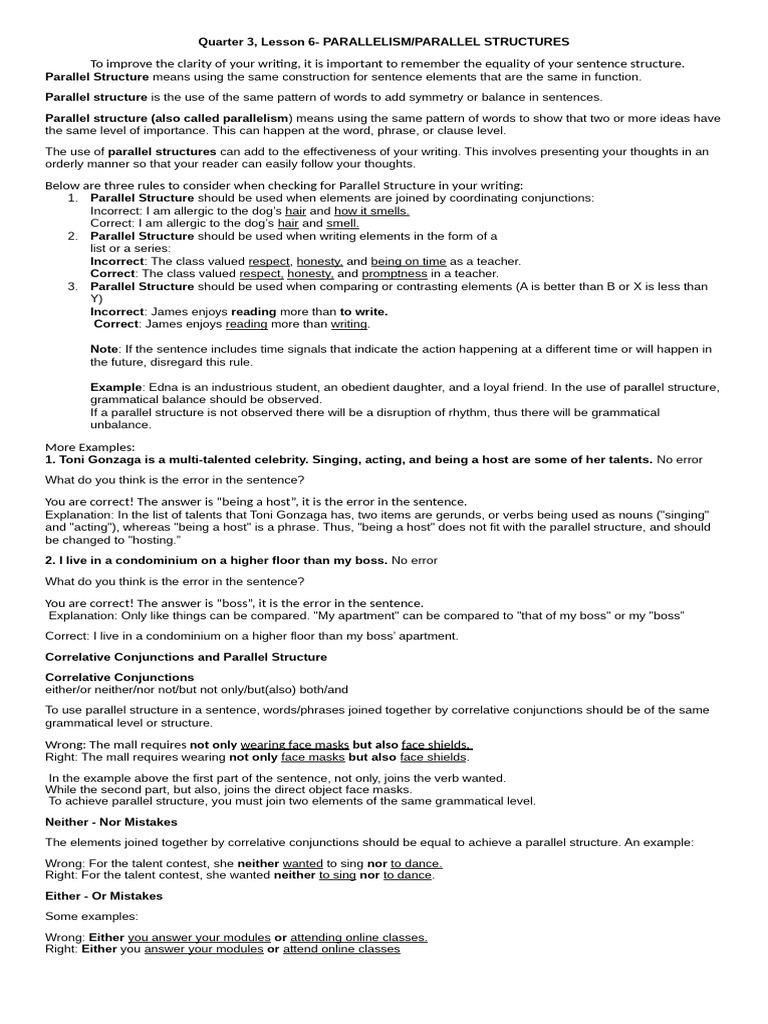Mastering Parallel Structure in Writing | PDF | Sentence (Linguistics ...