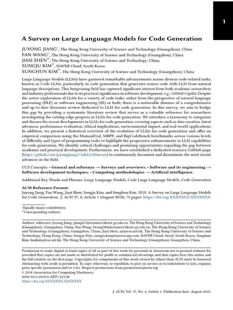 A Survey On Large Language Models For Code Generation: Juyong Jiang ...
