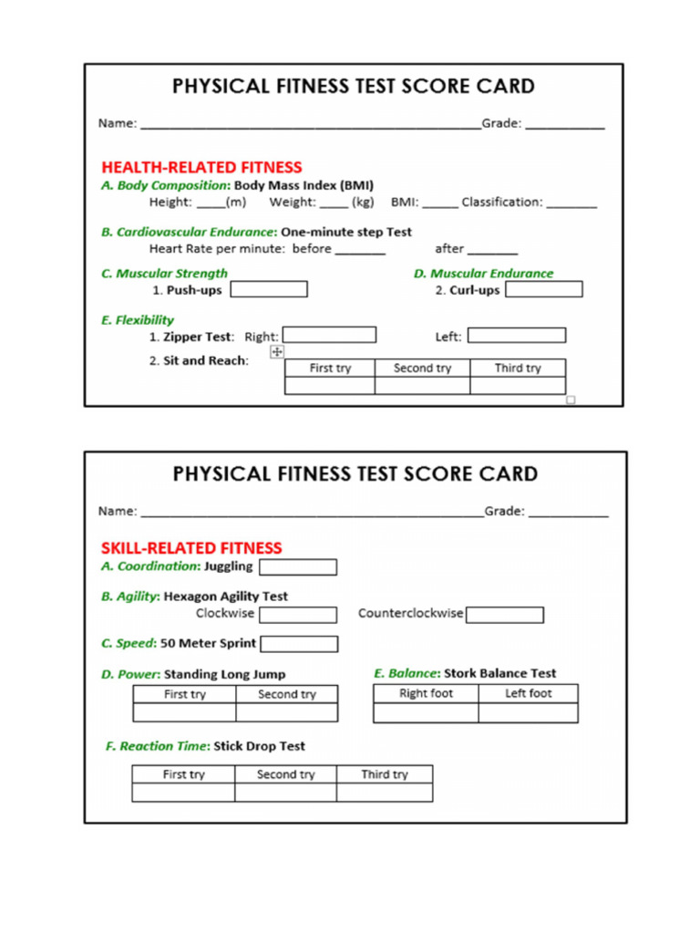 Physical Fitness Test Score Card | PDF