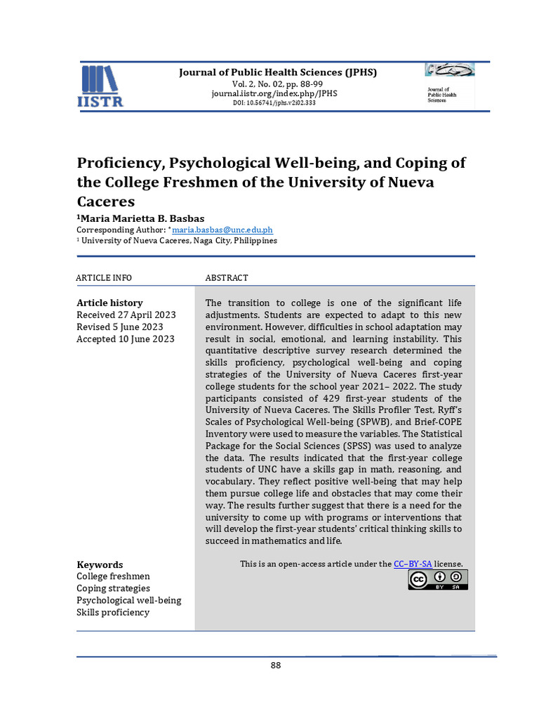 College Freshmen: Skills, Well-being, Coping | PDF | Well Being ...