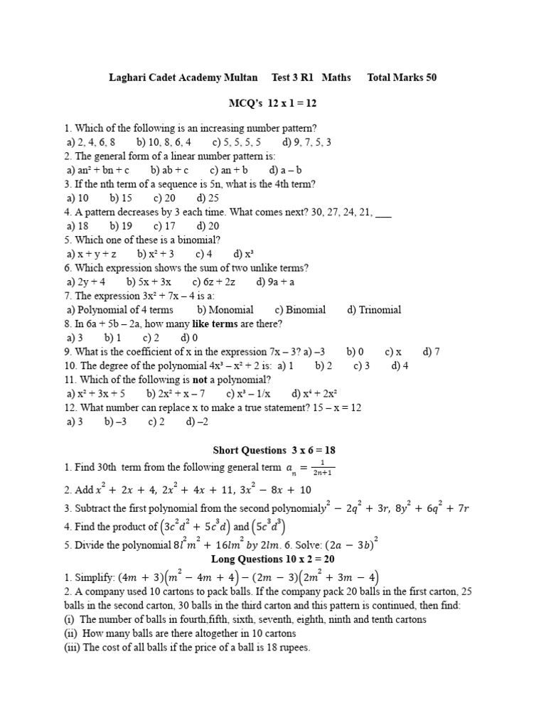 Laghari Cadet Academy Maths Test 3 R1 | PDF | Discrete Mathematics ...