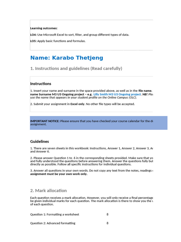 Excel Assignment Guidelines and Tasks | PDF