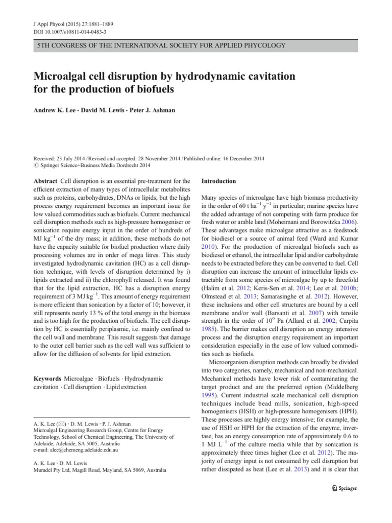 2015 - Microalgal Cell Disruption by Hydrodynamic Cavitation For The ...
