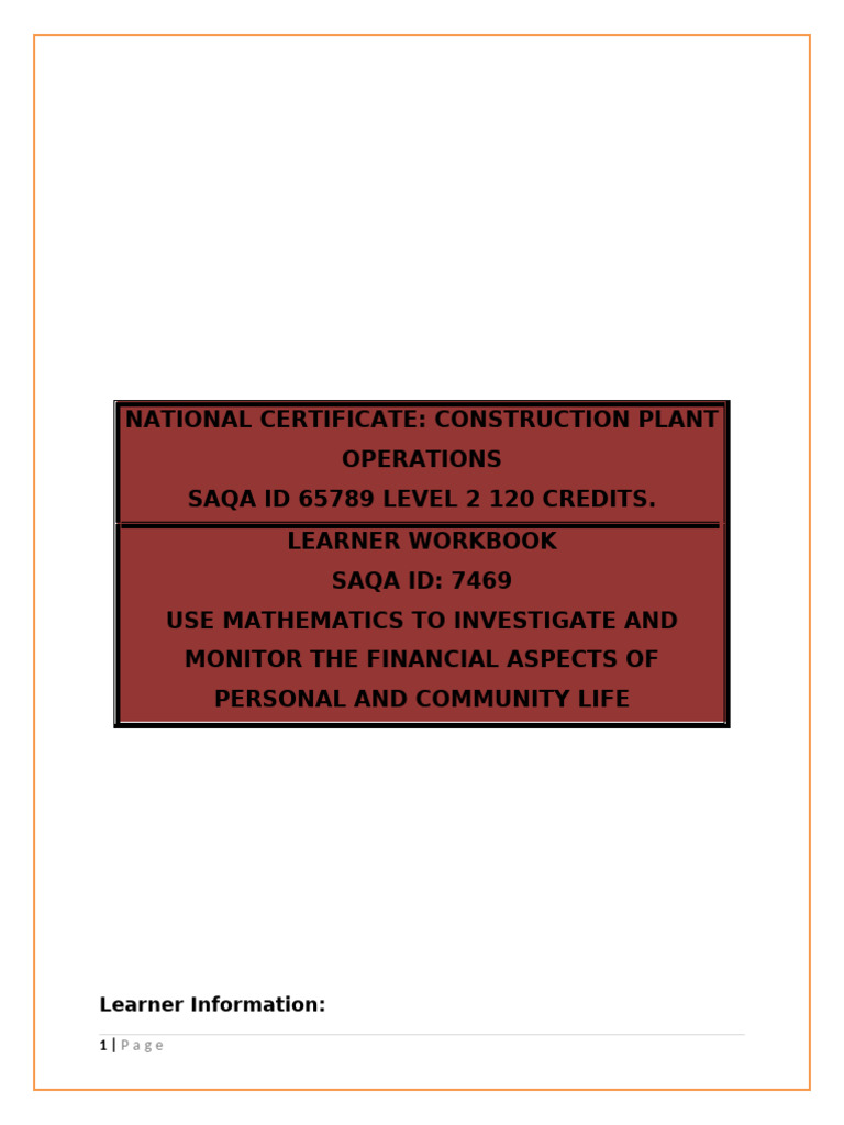 Unit Standard 7469: Financial Math Workbook | PDF | Cost Of Living ...