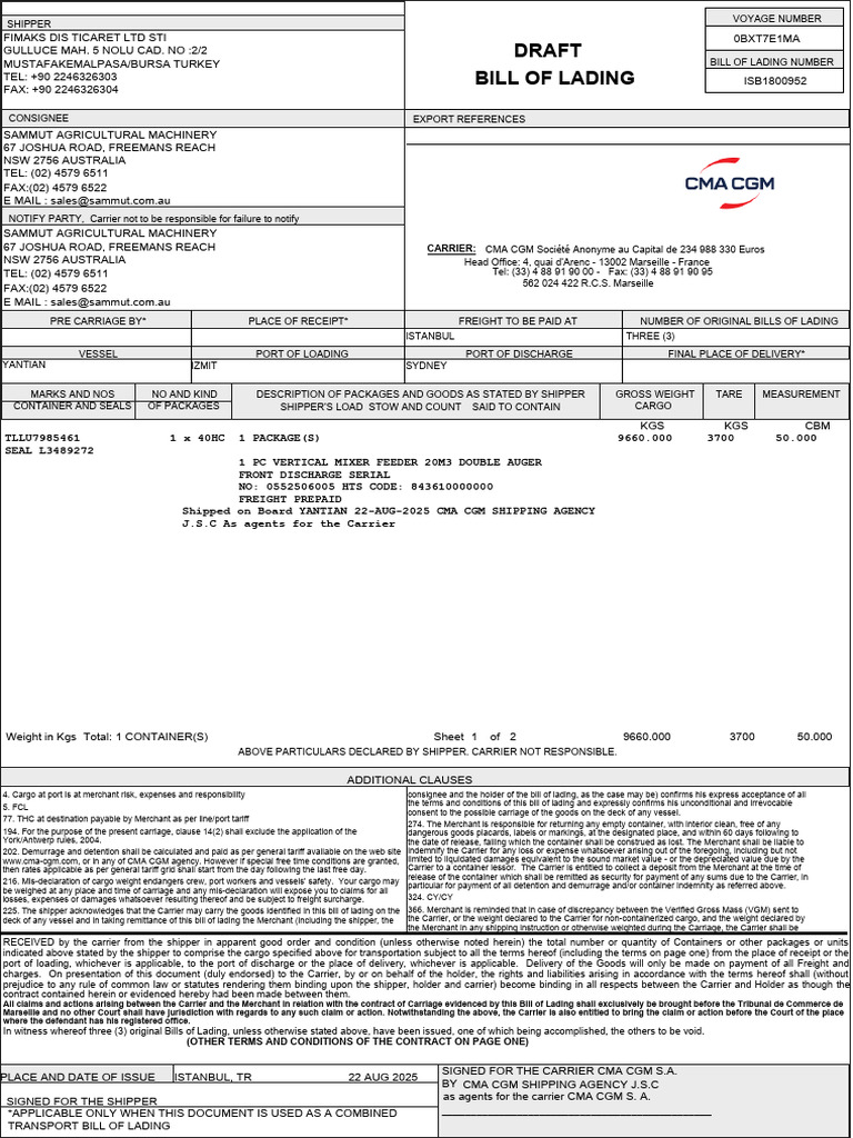 MBL Draft for Vertical Mixer Shipment | PDF | Bill Of Lading | Cargo