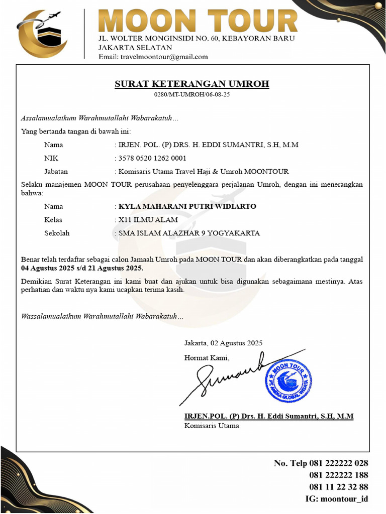 Surat Izin Umroh Kyla Maharani Putri Widiarto | PDF