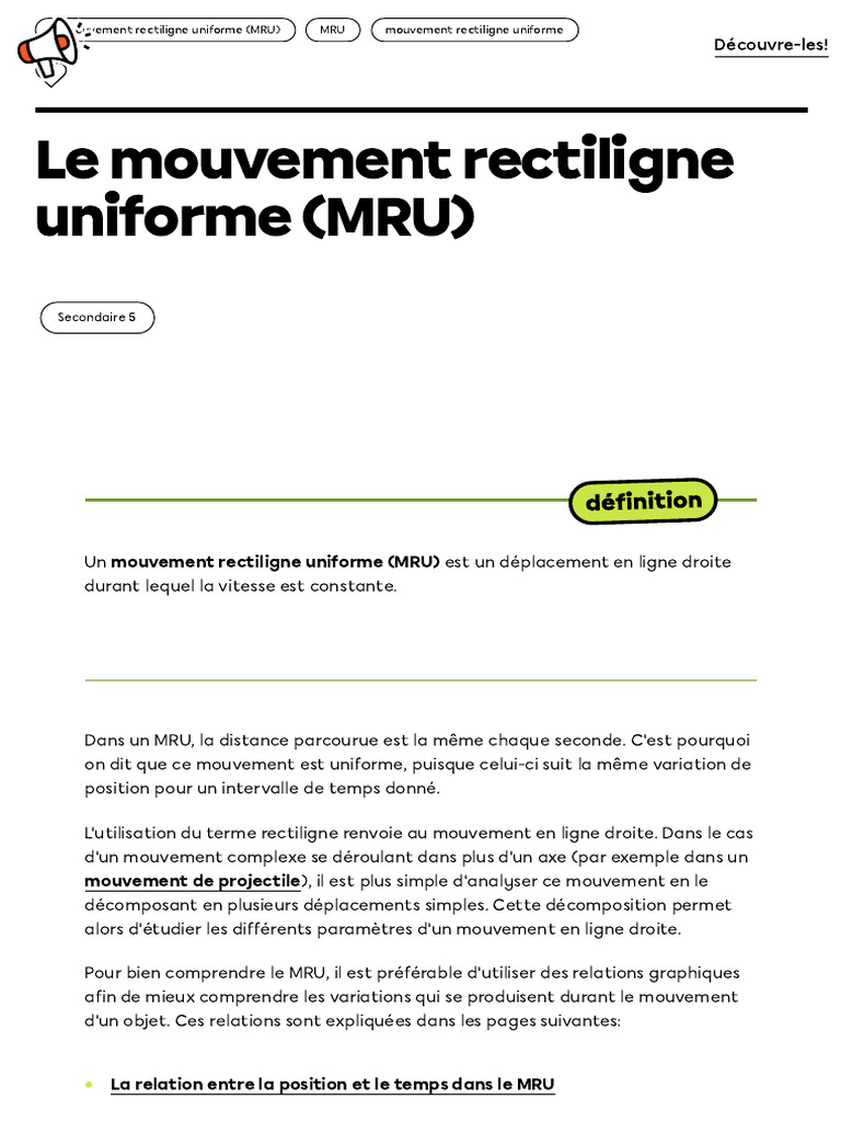 Comprendre le mouvement rectiligne uniforme | PDF
