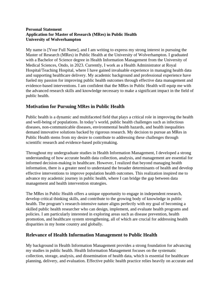 MRes Public Health Application Statement PDF Public Health