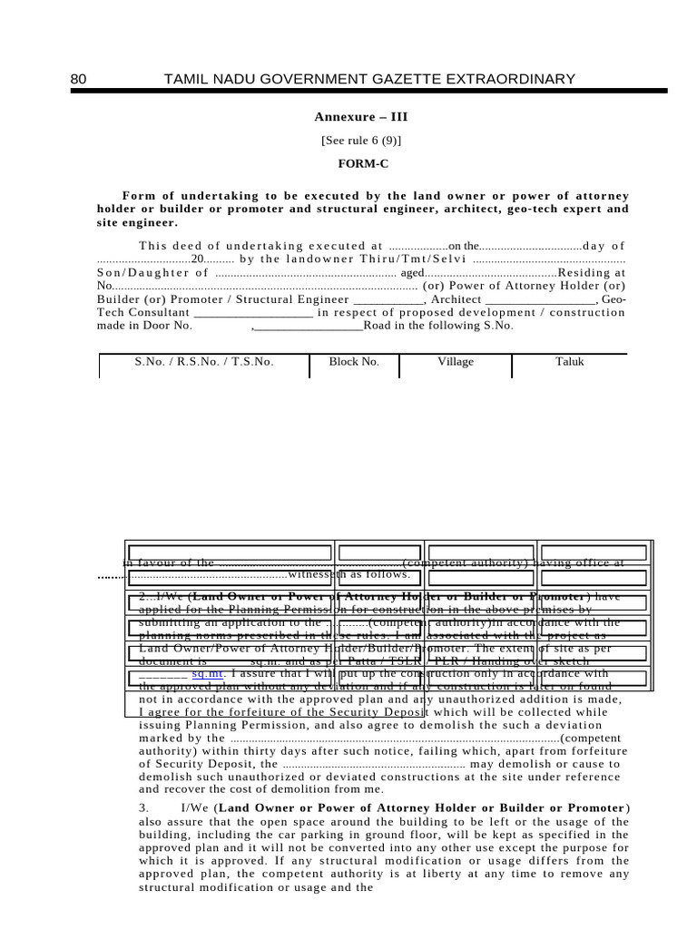 Tamil Nadu Construction Undertaking Form | PDF | Architect