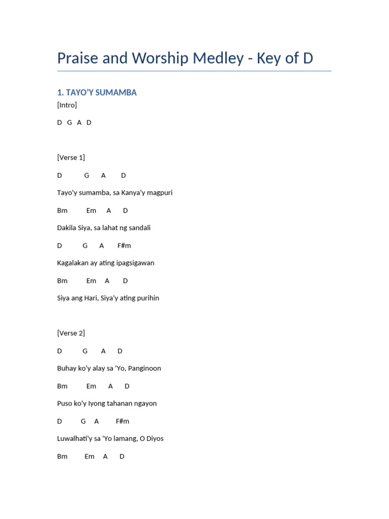 Praise and Worship Medley Key of D | PDF