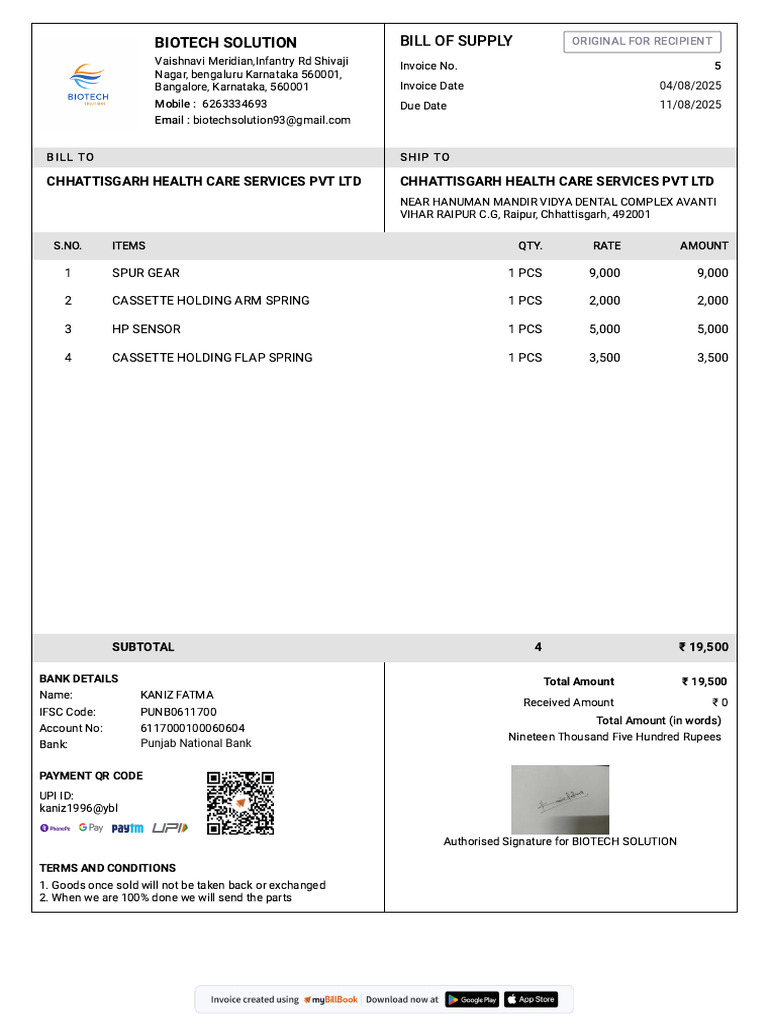 Biotech Solution Invoice for Healthcare Services | PDF | Payments