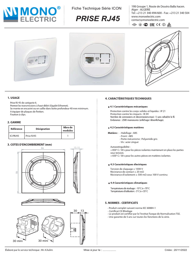 Fiche Technique Prise RJ45 ICON | PDF