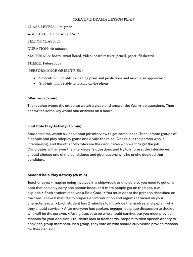 Creative Drama Lesson Plan: Future Jobs | PDF